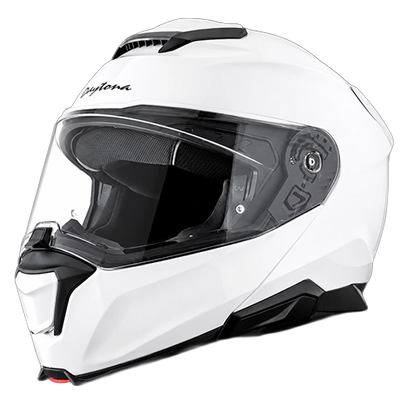 Front left view of the Daytona Legacy modular motorcycle helmet in hi-gloss white with clear anti-fog face shield.