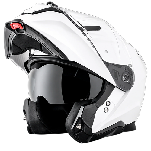 Daytona Legacy modular motorcycle helmet in hi-gloss white with flip-up chin bar raised showing the dual shield system.