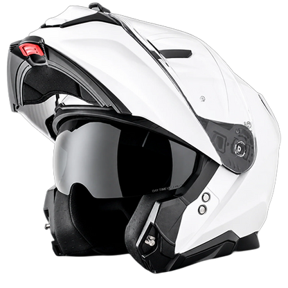 Daytona Legacy modular motorcycle helmet in hi-gloss white with flip-up chin bar raised showing the dual shield system.