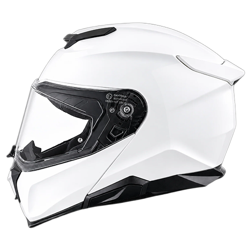 Left side profile of the Daytona Legacy full-face modular helmet in hi-gloss white with aerodynamic rear spoiler.