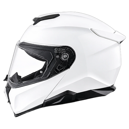 Left side profile of the Daytona Legacy full-face modular helmet in hi-gloss white with aerodynamic rear spoiler.