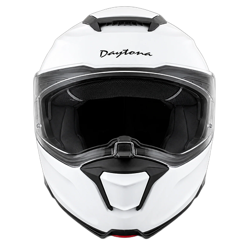 Front view of the Daytona Legacy modular motorcycle helmet in hi-gloss white with clear OptiVision 120 face shield.