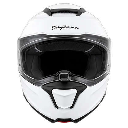 Front view of the Daytona Legacy modular motorcycle helmet in hi-gloss white with clear OptiVision 120 face shield.
