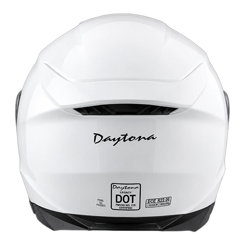 Rear view of the Daytona Legacy modular helmet in hi-gloss white showing rear exhaust vent and D.O.T. and ECE certification labels.