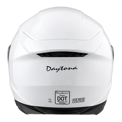 Rear view of the Daytona Legacy modular helmet in hi-gloss white showing rear exhaust vent and D.O.T. and ECE certification labels.