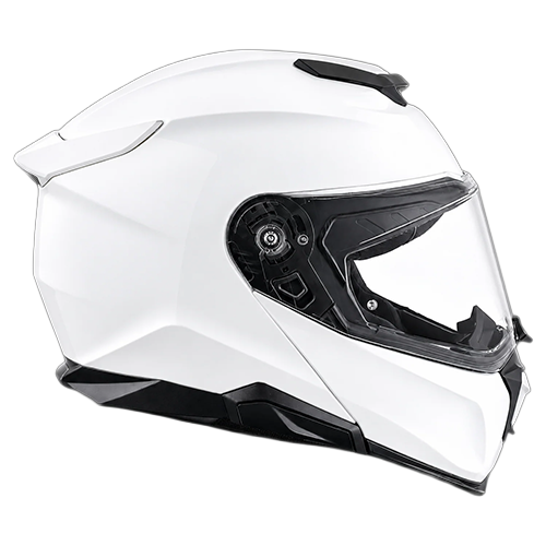 Right side view of the Daytona Legacy modular motorcycle helmet in hi-gloss white with clear face shield and aerodynamic shell design.