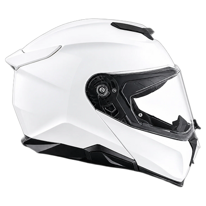 Right side view of the Daytona Legacy modular motorcycle helmet in hi-gloss white with clear face shield and aerodynamic shell design.