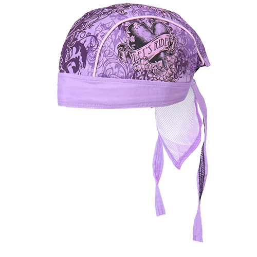 A purple headwrap with a heart and rose design, featuring a mesh lining and a bow at the back.