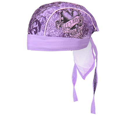 A purple headwrap with a heart and rose design, featuring a mesh lining and a bow at the back.