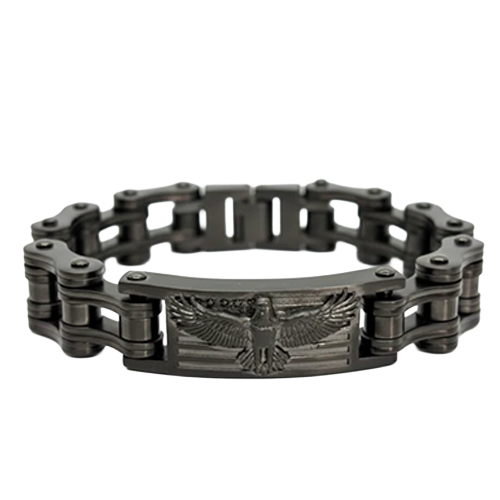 Gunmetal stainless steel motorcycle chain bracelet with detailed eagle badge centerpiece.