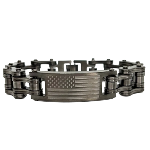 Gunmetal stainless steel motorcycle chain bracelet with engraved American flag centerpiece.