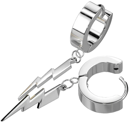 A pair of silver hoop earrings with a lightning bolt charm attached.