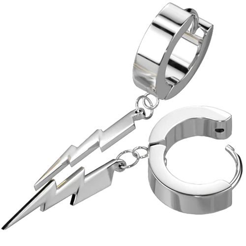 A pair of silver hoop earrings with a lightning bolt charm attached.