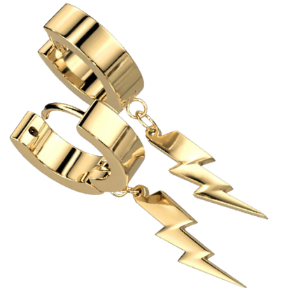 A pair of gold-tone hoop earrings featuring a lightning bolt charm.