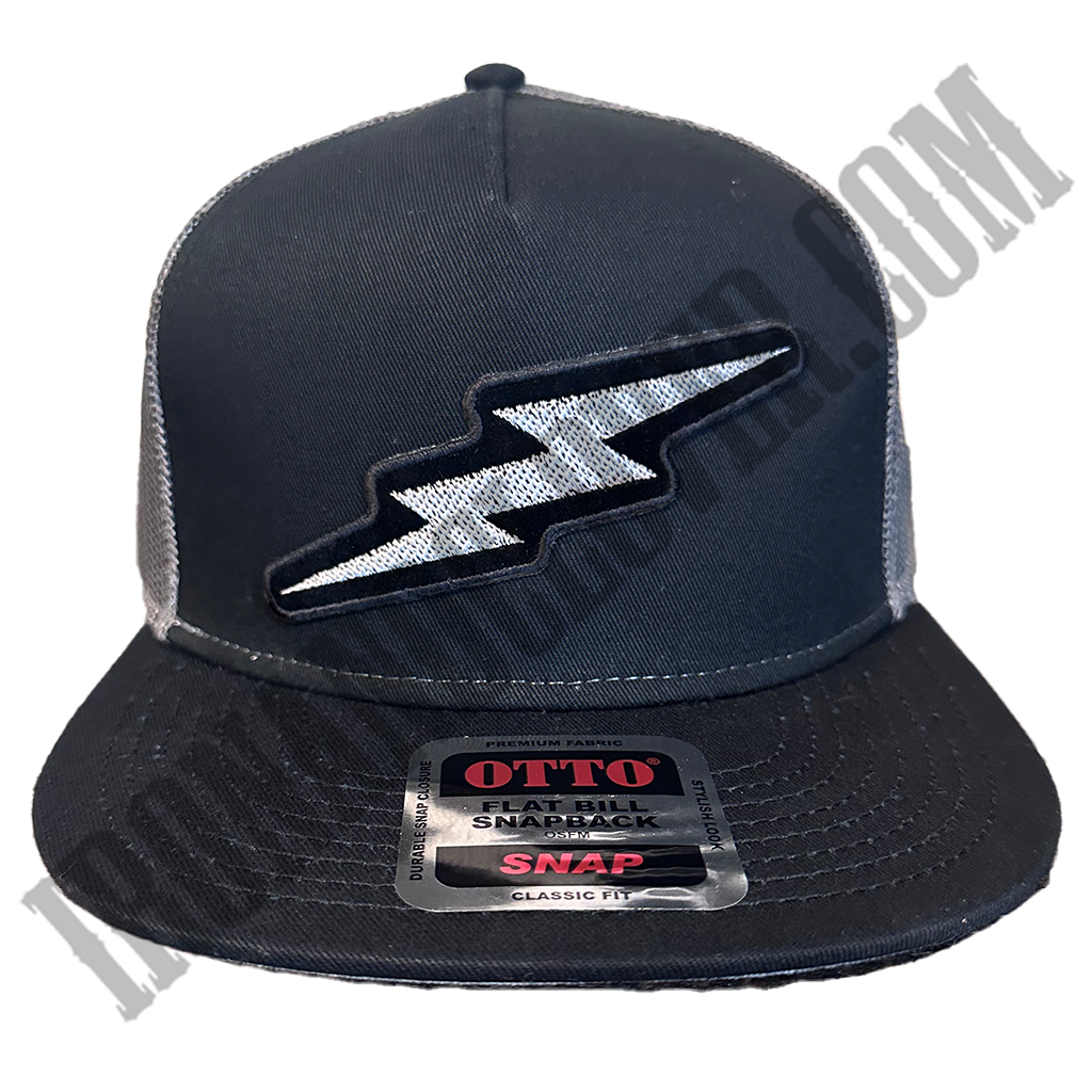 A black and gray trucker hat with a silver lightning bolt logo on the front.