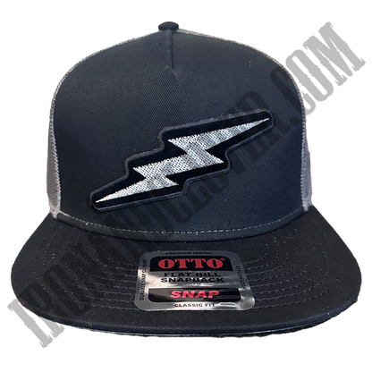 A black and gray trucker hat with a silver lightning bolt logo on the front.