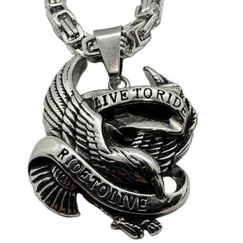 A stainless steel necklace with a detailed eagle pendant and banner that reads 'LIVE TO RIDE, RIDE TO LIVE'. It is displayed on a 5mm Byzantine chain.