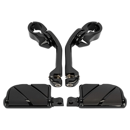A pair of long angled adjustable black motorcycle foot pegs with clamps