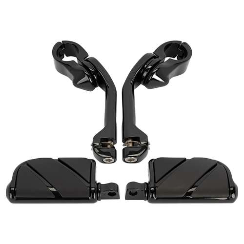 A pair of long angled adjustable black motorcycle foot pegs with clamps