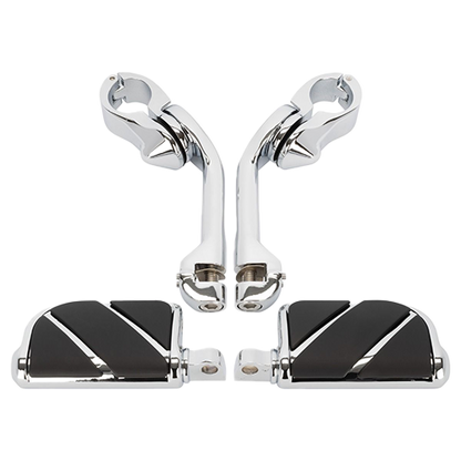 A set of chrome-plated long angled adjustable highway foot pegs and clamps for motorcycles.