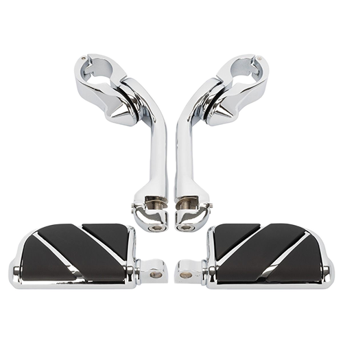 A set of chrome-plated long angled adjustable highway foot pegs and clamps for motorcycles.
