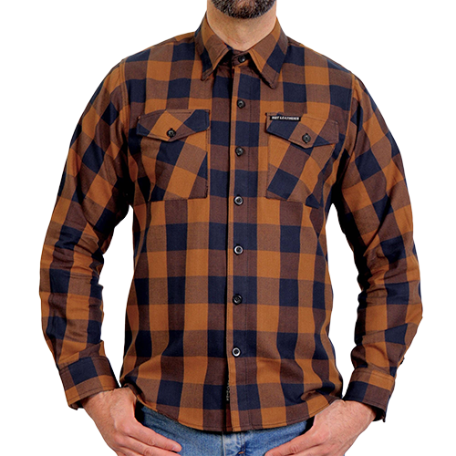 Front of Hot Leathers Long Haul men’s brown and navy plaid flannel