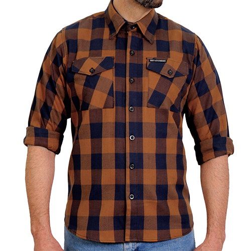 Brown and navy plaid flannel shown with the sleeves rolled up