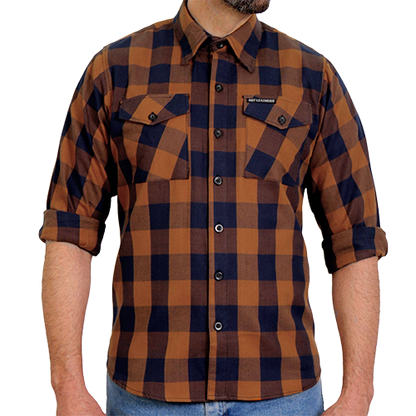 Brown and navy plaid flannel shown with the sleeves rolled up