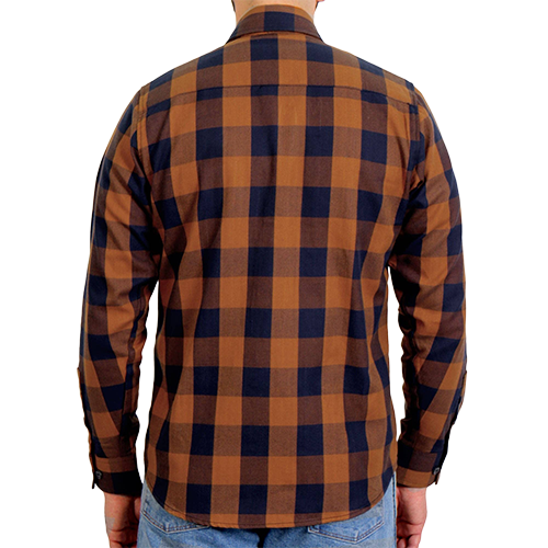 Back of Hot Leathers brown and navy long-sleeve plaid flannel