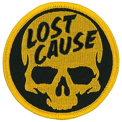 Yellow and black Lost Cause skull motorcycle patch with bold lettering and circular design