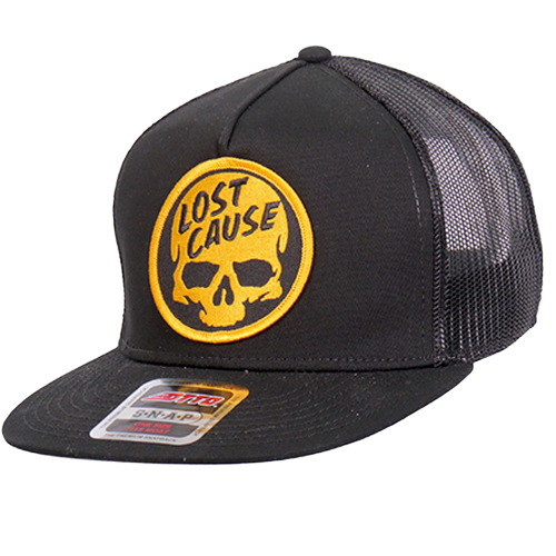 Black Snapback Cap With Lost Cause Patch Angled View
