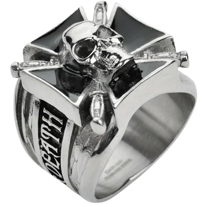 Silver ring with skull design and 'DEATH' engraving