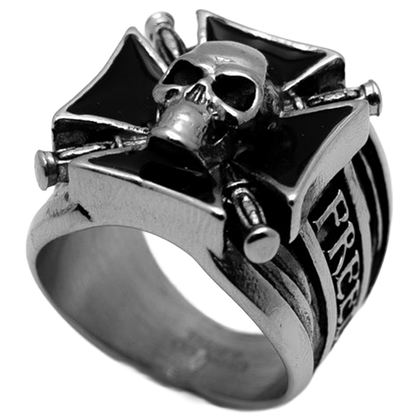 Silver ring with skull design and 'FREE' engraving