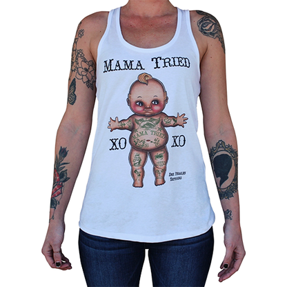 Women’s White Racerback Tank With Biker Artwork