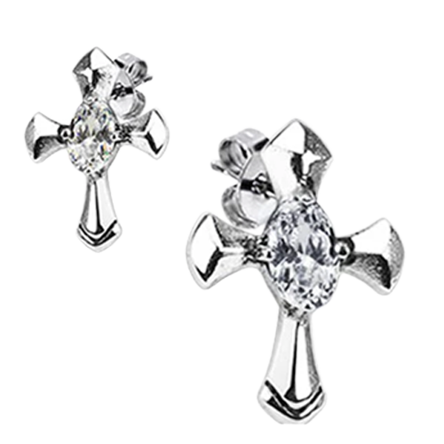 Silver cross-shaped earrings with clear gemstones