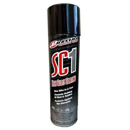 A can of Maxima SC1 High Gloss Coating, designed for use on vehicle surfaces to protect against mud and rubber.