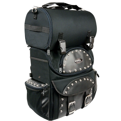 Black studded motorcycle touring bag with detachable barrel bag.