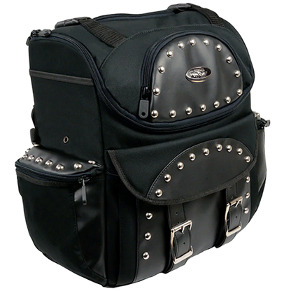 Black studded motorcycle touring bag without detachable barrel bag.