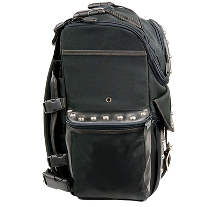 Black studded motorcycle touring bag without detachable barrel bag side view.
