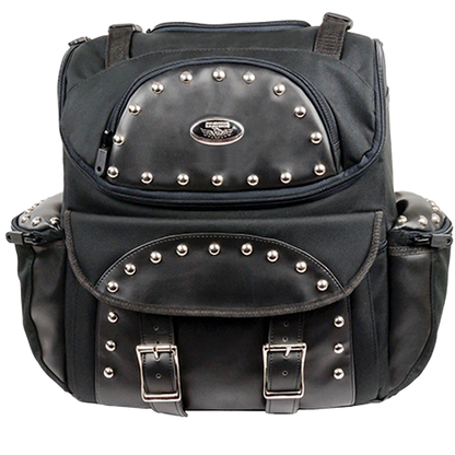 Black studded motorcycle touring bag without detachable barrel bag front view.