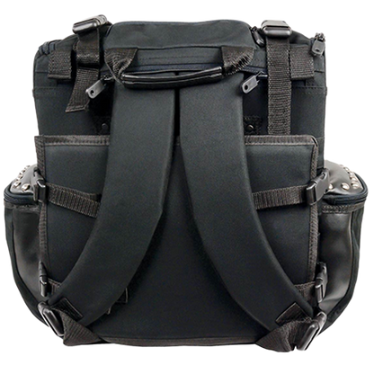 Black studded motorcycle touring bag with detachable barrel bag back side view.