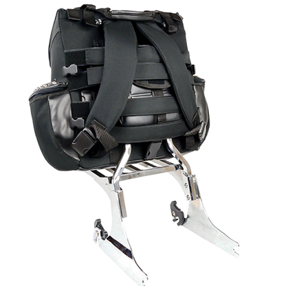 Black studded motorcycle touring bag with detachable barrel bag displayed on sissy bar.