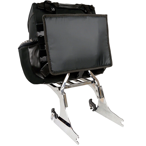 Black studded motorcycle touring bag with detachable barrel bag showing backrest pad. 