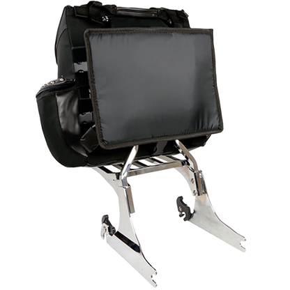 Black studded motorcycle touring bag with detachable barrel bag showing backrest pad. 
