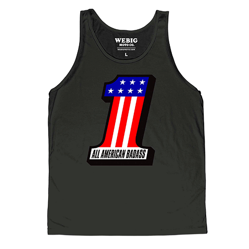 Black men’s tank top with patriotic All American Badass number one graphic on front