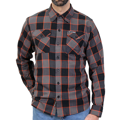 Men’s Black Gray And Orange Flannel Long Sleeve Shirt Front View