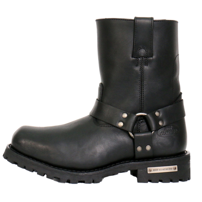 A black shorty harness boot with a zipper and buckles on the ankle area, featuring a round toe and a low heel.