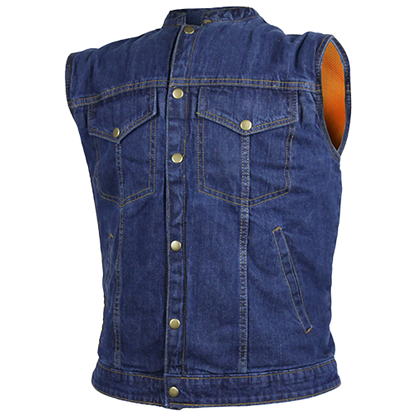A blue denim vest with button-up front and multiple pockets, designed for men.