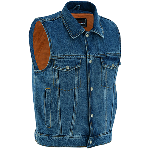 Men's blue denim vest with a collar, two chest pockets, and snap closures. The interior lining is visible and appears to be a different fabric.