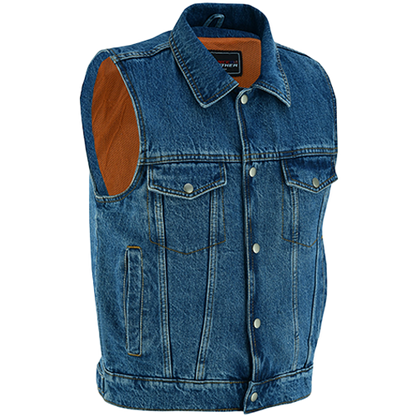 Men's blue denim vest with a collar, two chest pockets, and snap closures. The interior lining is visible and appears to be a different fabric.